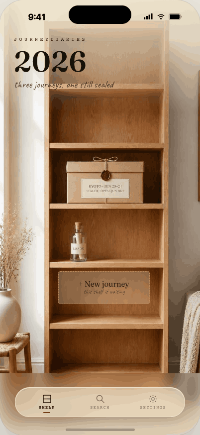 JourneyDiaries archive screen showing shelves by year